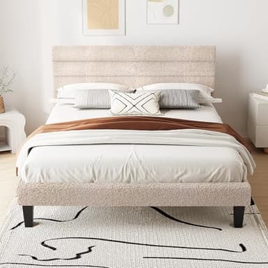 Bonnlo Lit 160x200 avec Sommier, Lit Double, Tête de Lit Tapissier, Montage Facile, Tissu Bouclé, Blanc Cassé