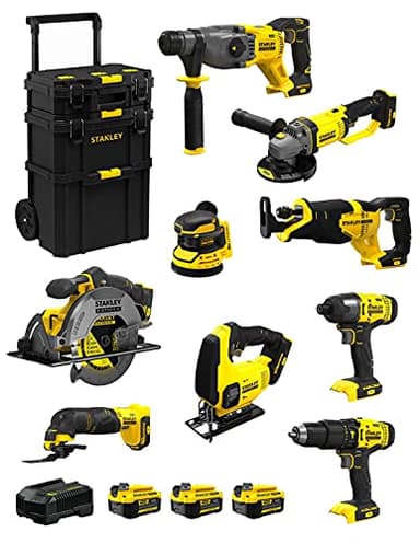 STANLEY FatMax Kit SVK901 (SFMCH900 + SFMCG400 + SFMCD711 + SFMCF800 + SFMCS500 + SFMCS600 + SFMCW220 + SFMCS300 + SFMCE500 + 3 Batteries de 4,0 Ah + Chargeur + Caddy 3en1)