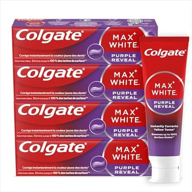 COLGATE - Dentifirice Max White Purple Reveal -Blanchiment dentaire| Révèle des dents plus blanches instantanément* | Dentifrice menthe au fluor | Haleine fraîche | 4 X 75 ml