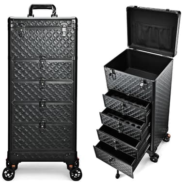 Valise de Maquillage avec 4 tiroirs Malette Maquillage Professionnel pour Salon de beauté Malette onglerie Grand Valise Coiffeur avec Roues verrouillables, Cuir Noir