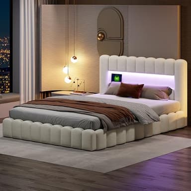 BRILVERDE Lit Coffre 160x200 cm, tête de lit avec éclairage LED, Chargement USB et Rangement, lit Double avec Rangement, sommier à Lattes, Linge, Matelas Non Inclus (Beige, 160x200)