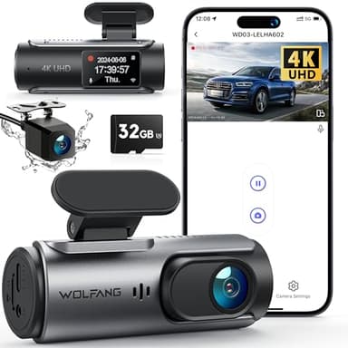 WOLFANG 4K Dashcam Voiture Avant Arrière, Wi-FI Caméra Voiture avec Carte SD 32G, Grand Angle 170°, G-Capteur, Mode Stationnement 24H, Vision Nocturne, Enregistrement en Boucle