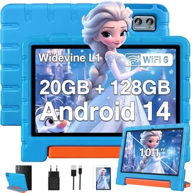 ZIOVO Tablette 10 Pouces Android 14 Tablette Enfants,20Go RAM+128Go ROM(TF 1To),Widevine L1,WiFi 6 Tablette,Octa-cœur,6000mAh | 5+8MP | BT 5.0 | Contrôle Parental Tablettes avec EVA Cas-Bleu