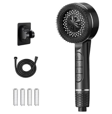 Pommeau de Douche Haute Pression,Pommeau de Douche Filtre Anti-Calcaire à Cartouche Remplaçable, avec Tuyau Douche 1.5M+4 Types de Jets Pommeau Douche Economie Deau avec Bouton D'arrêt D'eau, Gris