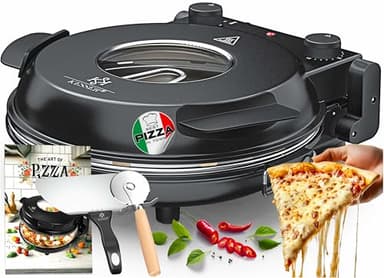 KESSER Four à pizza électrique jusqu'à 400 degrés, 1200 W, avec plaque en pierre ignifuge et minuterie de 32 cm de diamètre, 5 niveaux de chaleur et fenêtre.