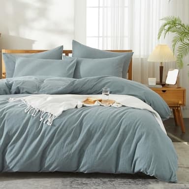 Housse de Couette Coton 240 x 260 Coton Lin Lavé Bleu Unie Couleur 2 Personnes Parure de Lit Bleue Naturel Adulte Parure Housse Couette 240x260 avec Fermeture Éclair avec 2 Taies d'oreiller 65x65cm