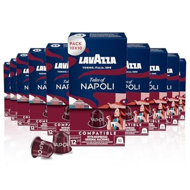 Lavazza, Tales of Napoli, 100 Capsules Café Compatibles avec les Machines Nespresso Original, Notes de Cacao et Caramel, Arabica et Robusta, Intensité 12/13, Torréfaction Foncé, 10 Paquets