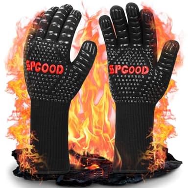 SPGOOD Gants de Barbecue,Gant Cuisine pour Barbecue Four Anti-Chaleur Jusqu'à 800°C,Four pour BBQ,Cuisson,Jardinage,Cheminée,Soudag Noir（L/XXL）