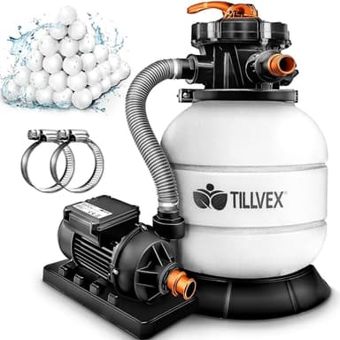 tillvex® Système de Filtre à Sable 7.900L/h + 400g Boules de Filtre | 7 Fonctions de Filtration & Adaptateur 2en1 Ø32-38mm | Filtre de piscine avec indicateur de pression (Blanc/Orange)