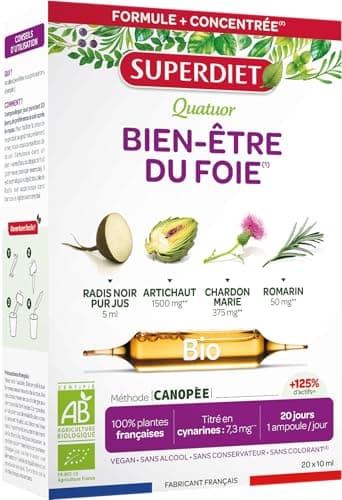SUPERDIET-QUATUOR DIGESTION BIO-Bien-être du foie -Radis Noir Artichaut Chardon Marie Romarin-Fabrication Française-20 Ampoules de 15ml