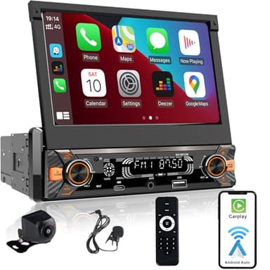 Alondy Autoradio 1 Din avec écran tactile (7" Motorisé Rétractable) Compatible avec [wireless] Apple CarPlay/Android Auto Bluetooth Radio AM/FM/RDS Type-C USB (charge rapide 3A) Caméra de recul AUX SD