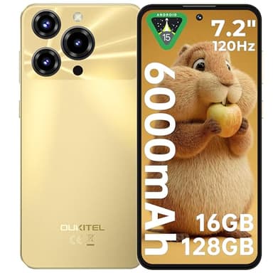 OUKITEL C69 Smartphone Pas Cher - 7.2" 120Hz 16GO RAM+128GO ROM/TF 1TO Telephone Portable 6000mAh 64MP+8MP Android 15,Smartphone Empreinte Digitale/Face ID/OTG/GPS,Or