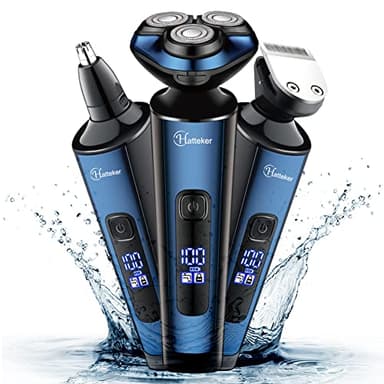 Hatteker Rasoir électrique Pour Homme Tondeuse à Barbe Rasoir à Tête Rotative Pour Homme Tondeuse à Brûlures Latérales Tondeuse à Nez Humide Et Sec IPX7 étanche Rechargeable Sans Fil 3 en 1