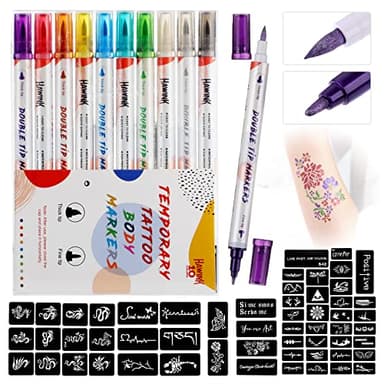 HAWINK Marqueurs de Tatouage Temporaires 10PCS Marqueurs Corporels 20PCS Grands Modèles de Tatouage Stylo Halloween Fête pour Femme Homme