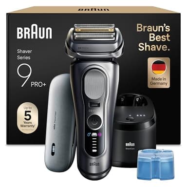 Braun Rasoir Electrique Homme Series 9+ PRO 9677CCE Argent, Etanche, Lames De Précision Ultra-Fines Et Tondeuse Pro Trimmer Pour Bien Raser La Barbe, Coffret Rasage Avec Station De Nettoyage Et Etui