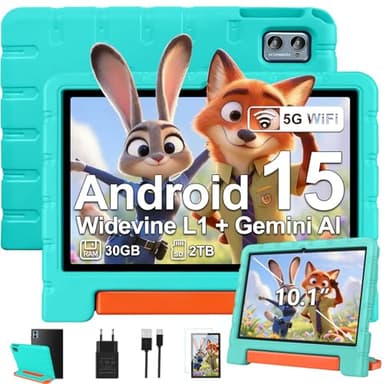 ZIOVO Tablette 10 Pouces Android 15, 30Go RAM+64Go ROM (TF 2To), 5G WiFi Tablettes, Gemini AI, Octa-Core/Widevine L1/Face ID/Contrôle Parental/6000 mAh/BT 5.0, Tablette avec étui Eva -Vert