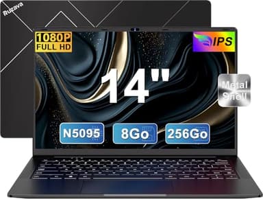 Ordinateur Portable 14 Pouces Celeron N5095 (jusqu'à 2,9 GHz) Win11 8Go 256Go SSD Extension1To 5G WiFi 1920x1080 FHD PC Portable avec Souris sans Fil & AZERTY Membrane du Clavier - Noir Métal Laptop