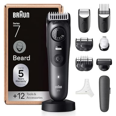 Braun Tondeuse À Barbe Series 7, + 12 Outils de Barbier, Lame ProBlade Affûtée Et Inusable, Jusqu'à 120 Min D'autonomie, 40 Longueurs, Étanche, Molette De Précision Et Verrouillage, BT7545, Gris