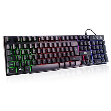 Rii Clavier Gamer - AZERTY - Nouveau Clavier USB Filaire - 105 Touches Semi-Mécaniques - 5 Couleurs LED Rétro - 11 Raccourcis Multimédia - pour PC Mac - PS4 PS5 - Noir