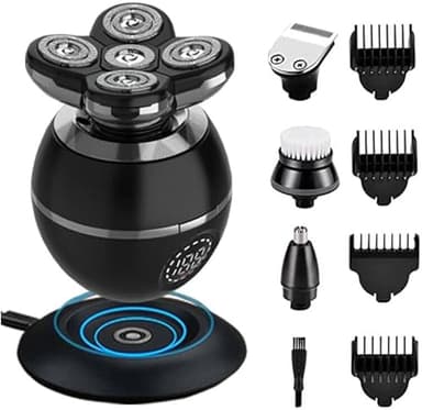 Rasoir Electriques Hommes, 5 en 1 Rasoirs à Têtes Rotatives - 5D Tondeuse à Barbe Utilisation Humide et Sèche Rasoir Rechargeable avec Ecran LED, Rasage IPX7 Etanche