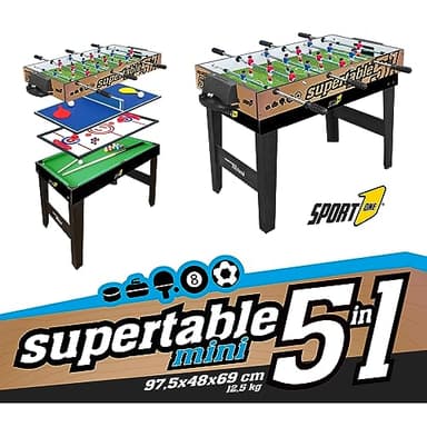 Sport1 Supertable Mini. Football multijeu 5 en 1. Football de Baby-Foot Dimensions 97,5 x 48 x 69 cm. Carte de Maison Multifonction : 3 vs 3, Tennis de Table, Hockey, Billard, Curling.