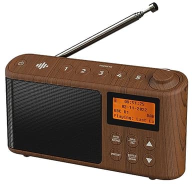 Radio Dab/Dab+ & FM, Alimentation Secteur et Batterie, Poste Radio Numérique Dab Portable avec Chargement USB pour 15 Heures de Lecture (Effet Bois)