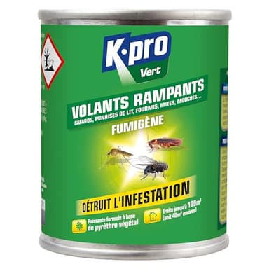 K.PRO VERT - Fumigène Insecticide Insectes Volants et Rampants - Spécial Infestation - Action Intégrale, Radicale & Longue Durée - Au Pyrèthre Végétal - Technique Professionnelle - 50g - environ 40m²