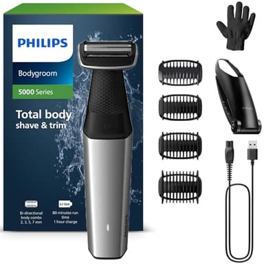 Philips Bodygroom Series 5000, tondeuse corps et entrejambe étanche, rasage de près confortable, pour toutes les zones du corps y compris le dos, 60 min. Autonomie, modèle BG5021/16