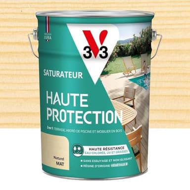 V33 Saturateur bois extérieur Naturel mat - Pour terrasses et mobilier de jardin - Haute résistance eau chlorée, UV et graisse - Sans essuyage et non glissant - Résine d'origine végétale - 5L