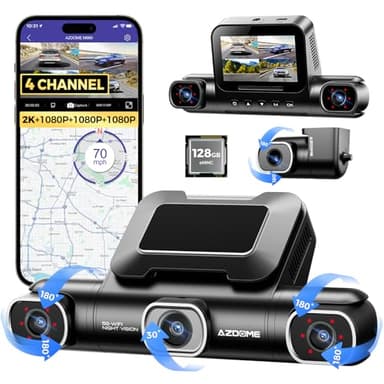 AZDOME 4-Canaux Dashcam Voiture, 360 degrés Camera Voiture Avant Arriere avec 128GB eMMC, 2.5K+1K+1K+1K Caméra avec 5G WiFi GPS, Vision Nocturne IR, Contrôle Vocale, Mode Stationnement 24H (M660)