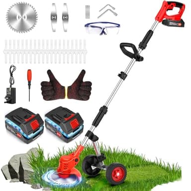 Debroussailleuse Electrique 21V Coupe Bordure sans Fil avec 2 Batteries de 2000 mAh et 3 Types De Lames, Débroussailleuse à Batterie avec Roues Réglables pour Débroussaillage, Cour, Jardin