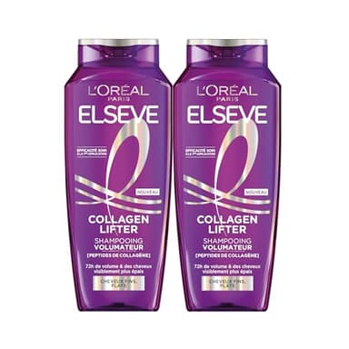 L'Oréal Paris - Shampooing Volumateur - Cheveux Fins & Plats - 2x Plus de Volume 72H - Enrichi en Peptides de Collagène - Sans Silicones - Elseve Collagen Lifter - 2 x 250 ml