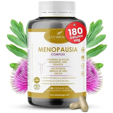 MENOPAUSE COMPLEX 9 EN 1 | Contrôle des Bouffées de Chaleur | Soulage les Ballonnements Abdominaux | Ventre Plat | Sans Soja ni Conservateurs | Traitement de 3 Mois | 180 Gélules Végétales | Lazarraga
