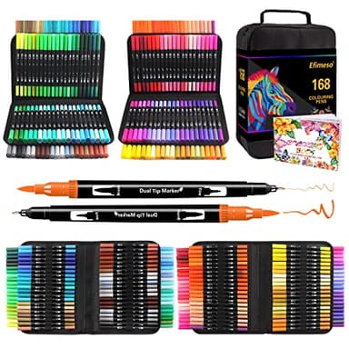 Efimeso 168 Couleurs Feutres Coloriage Adulte, Stylo Feutre Double Pointe Fine pour enfants,Feutre Pinceaux Aquarelle Marqueurs pour Artistes Dessin Croquis Calligraphie