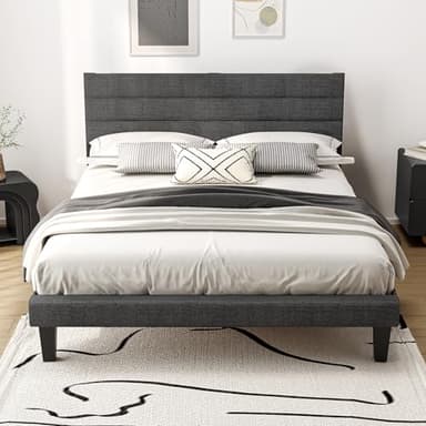 Bonnlo Lit 160x200 avec Sommier, Lit Double, Tête de Lit Tapissier, Monatge Facile, Tissu Effet Lin, Gris Foncé