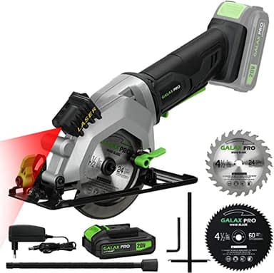 GALAX PRO Mini scie circulaire, scie circulaire professionnelle sans fil 20 V 3400 tr/min, angle et profondeur réglables, profondeur de coupe maximale 42,8 mm (90°), 28 mm (45°), guide laser