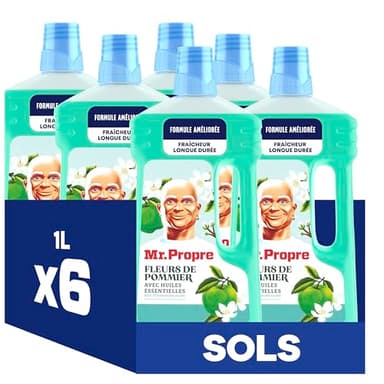 Mr. Propre Nettoyant Liquide Sol Multi-Usages, Grand Format (1L x6), Parfum Fleurs de Pommier, Élimine Jusqu'à 99.9% Graisse et Saleté, Sans Traces, Fraîcheur Longue Durée
