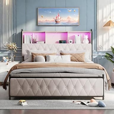 YYXLDYNB Lit Double Capitonné 160x200cm,Velours lit avec 2 USB Intégrées,Lit LED avec 4 Tiroirs de Rangement,Table de Chevet avec Bande Lumineuse RGB,Facile à Assembler,sans Matelas, Beige