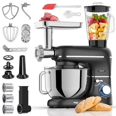 Fentic 6 en 1 Robot Pâtissier – 2000W - Av. Hachoir à Viande, Mixeur 1,5L, Cutter, Accessoires – Robot Cuisine Multifonctions Av. 6,2L Bol Mélangeur, Fouet, Crochet Pétrisseur, Batteur (Noir)