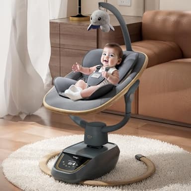Trimigo transat bébé électrique 180° réglable 3D, avec télécommande, 5 modes, 4 vitesses, 3 hauteurs de siège, 8 chansons d'apaisement, balancoire bébé 0-12 mois (coloris bois）