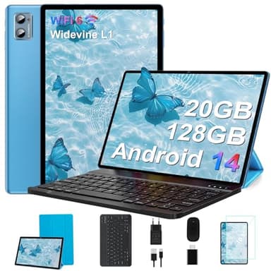 Tablette 2025 Nouvelle Tablettes 10 Pouces Android 14 avec 20Go RAM 128Go ROM WiFi 6, 5G+2.4G WiFi, Octa-Core, GMS Certified, Widevine L1, BT 5.0, Tablette Tactile avec Clavier| Souris| Etui -Bleu