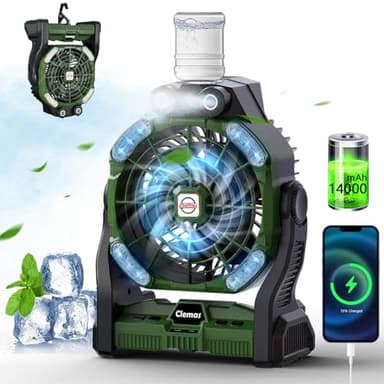 Clemas Grand Ventilateur de Camping avec Brumisateur Rechargeable Portable | Longue Durée Batterie de Table Batterie 14000mAh/26000mAh | RGB LED, Minuteur, Alimentation - Pour Extérieur et Urgences
