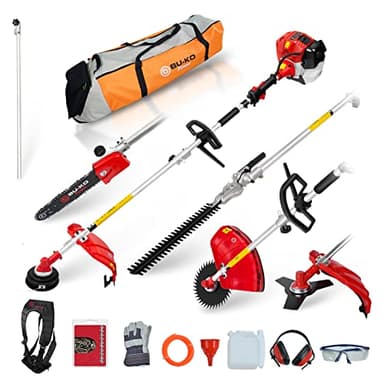 BU-KO Outil de Jardin Multifonctionnel à Essence Longue portée: débroussailleuse, Taille-haie, tronçonneuse, débroussailleuse avec Fil de Coupe d'épaisseur, rallonge de 75 cm, Sac à Outils