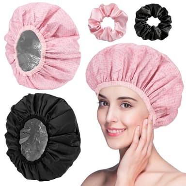 2 Pièces Bonnet Chauffant pour Soins en Profondeur, Bonnet Auto Chauffante pour Soins Capillaires, Bonnet de Soin Double Couche en Aluminium avec 2 Chouchous pour Salon de Coiffure de Spa, Rose+Noir