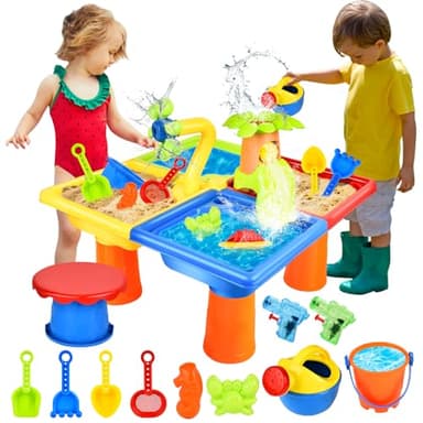 JONRRYIN Table à Eau de Sable 4 en 1, Table de Plage pour Enfants, Jeu Sable Eau avec Pelle et Râteau, Nombreux Accessoires