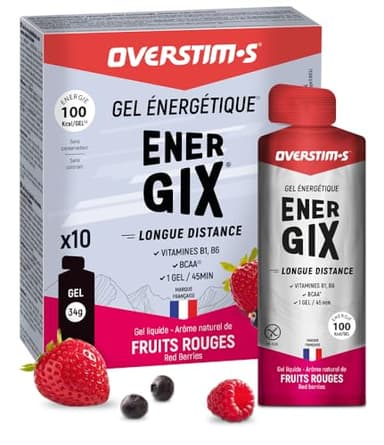 Overstim.s - Gel Energix (10 sachets) - Gel énergétique pour le sport (vélo, course à pied…) - Energie longue durée (Glucose + Fructose + Maltodextrines) - BCAA - 100 kcal/gel - Saveur Fruits Rouges
