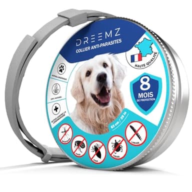 DREEMZ® Collier Anti Puces pour Chien - Collier Anti Puce Chien - Anti Tiques Haute Qualité - 8 Mois de Protection - 63cm Réglable Toutes Tailles - 100% Naturel - Imperméable déperlant (1 unité)