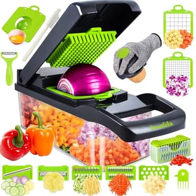 Swetfela 18 en 1 Coupe Legumes Multifonctions - Mandoline Cuisine, Hachoir à Légumes avec 7 Lames, Gant, Brosse de Nettoyage et Éplucheur, Coupe-Légumes pour Fruits et Légumes