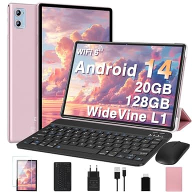 Tablette 10 Pouces Android 14 Tablettes avec 20Go RAM+128Go ROM(TF Extensible 2To), WiFi 6, 5G+2.4G WiFi, Octa-Core, Widevine L1, Bluetooth5.0, GMS Tablette Tactile avec Clavier+Souris et Cas-Or Rose