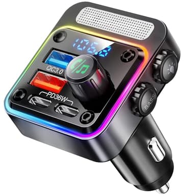 Nulaxy Transmetteurs FM Bluetooth 5.3 54W [PD 36W et QC3.0 18W] [Micros & Bass] Adaptateur Bluetooth Voiture Allume Cigare avec LED 5 Couleurs, Appels Mains Libres, Noir